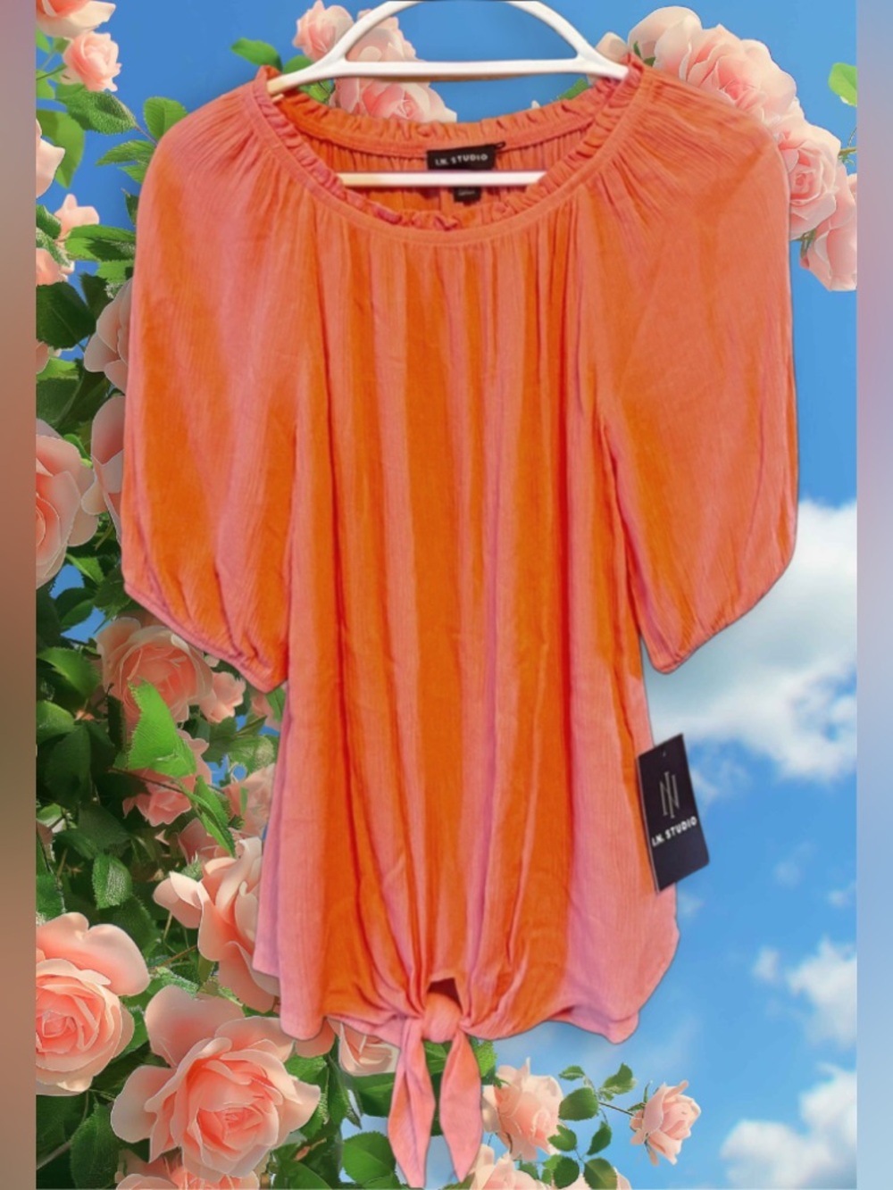 I.N. Studio Orangish Punkish Flutter Sleeve Blouse with Tie Front NWT